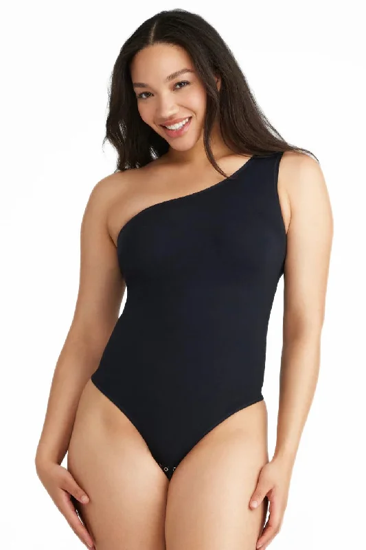 One Shoulder Shaping Thong Bodysuit - Outlast® Seamless - Black